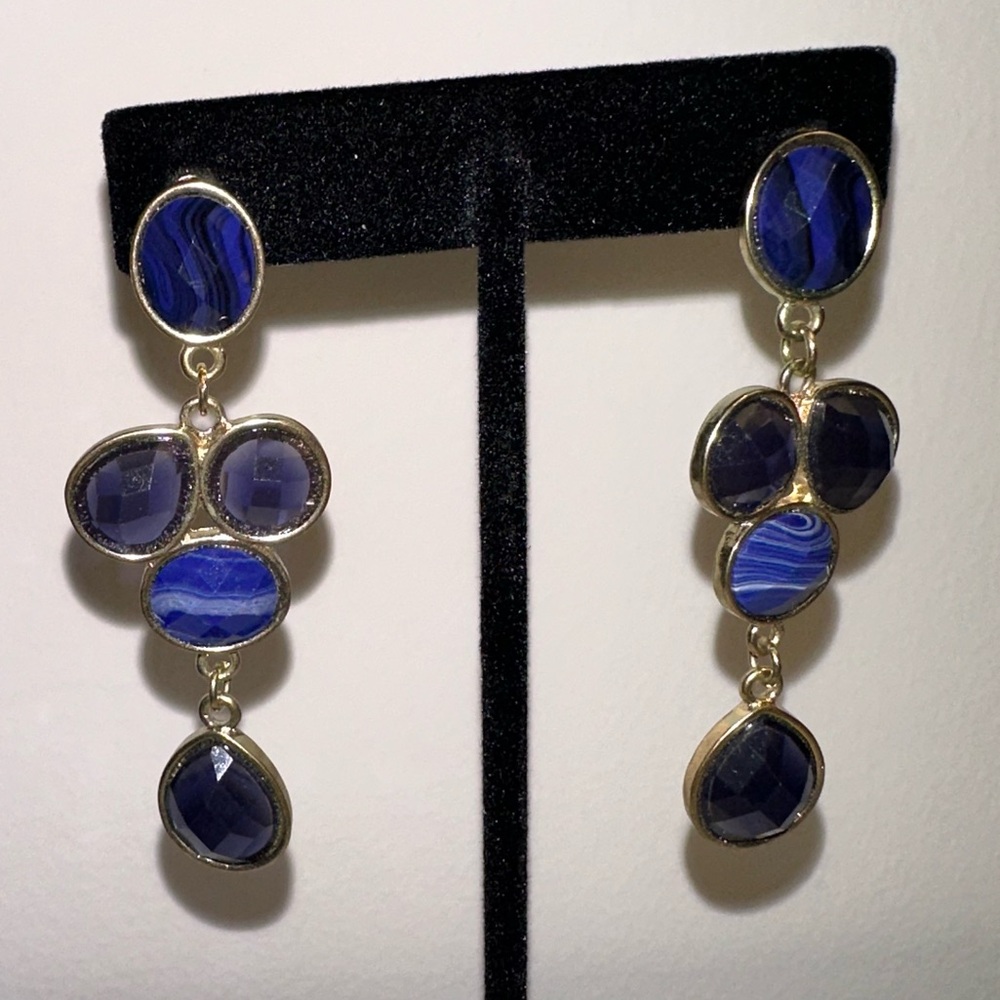 White House Black Market Women’s Drop Earrings – Gold Tone Blue Facet Stone